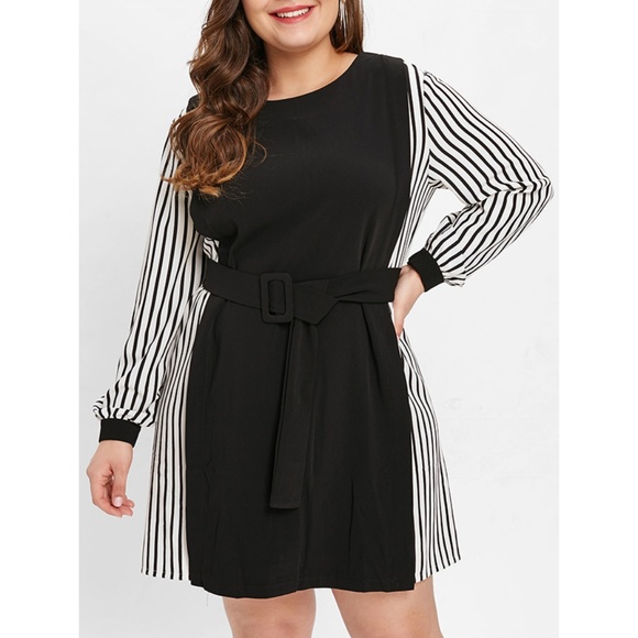 Rosegal for Curves Collection Dresses & Skirts - ♠ Chic Plus Size Stripe Panel Mini Dress w/ Belt ♠